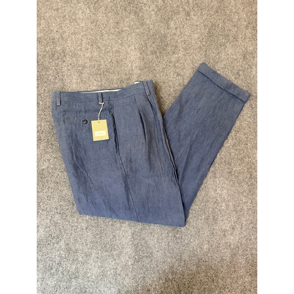 Turnbury Mens Blue 100% Linen Pleated Cuffed Dress Pants Trousers 36x32 NEW